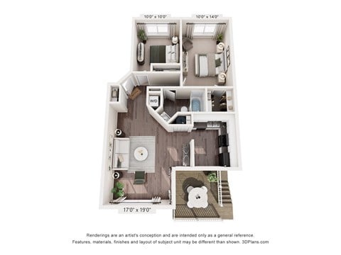 Floor plan for 2 beds, 1 bath, 875 sqft